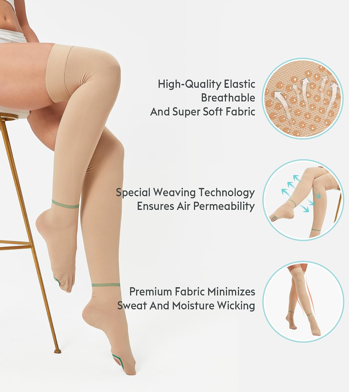Plus Size 3XL Anti Embolism Compression Stockings, Thigh High TED Hose Socks for Big and Tall, Extra Large Wide Calf Design, White Support Hose for Varicose Veins, Swelling, Daily Walking
