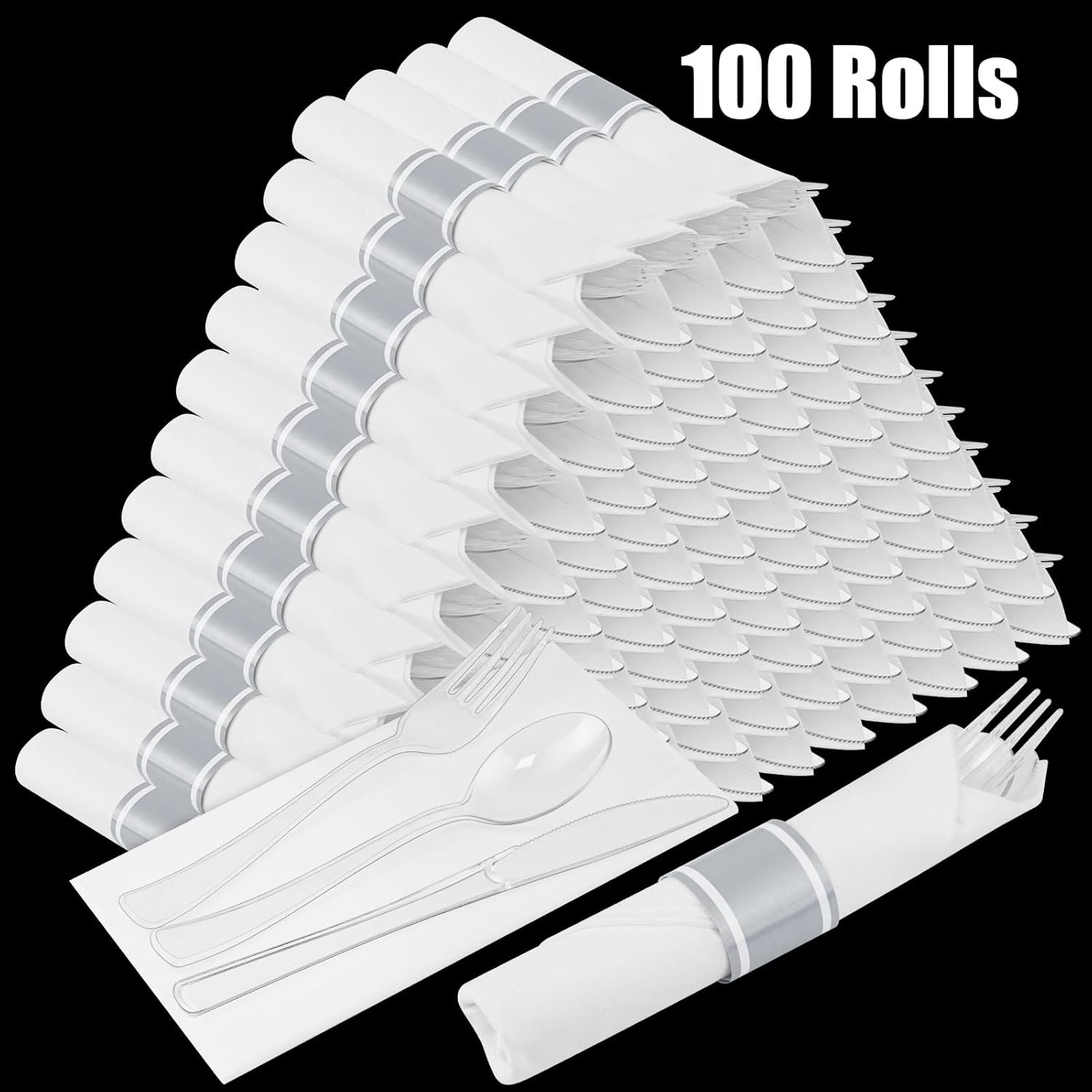 100 Pack Pre-Rolled Clear Cutlery Sets - Heavy Duty Clear Plastic Silverware, Wrapped Disposable Silverware & Napkins for Weddings, Parties, Events