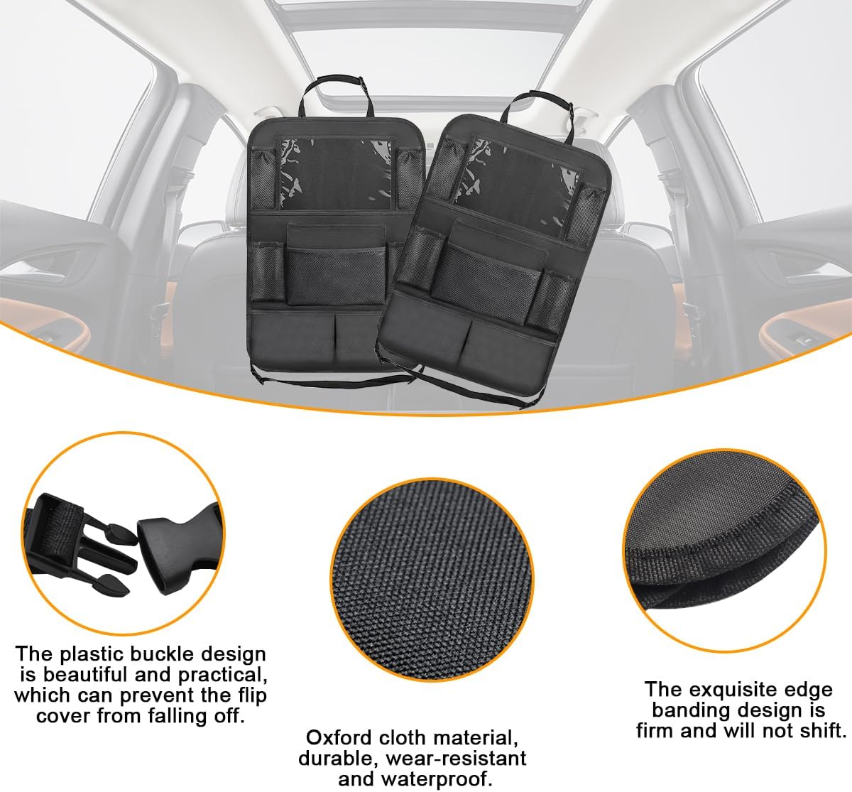 2PCS Car Seat Back Organizer, Waterproof Vehicle Storage Bag with Touch Screen Tablet Holder & 9 Pockets, Auto Kick Mats Back Seat Protector for Kids, Universal Travel Accessories (Black/Large)