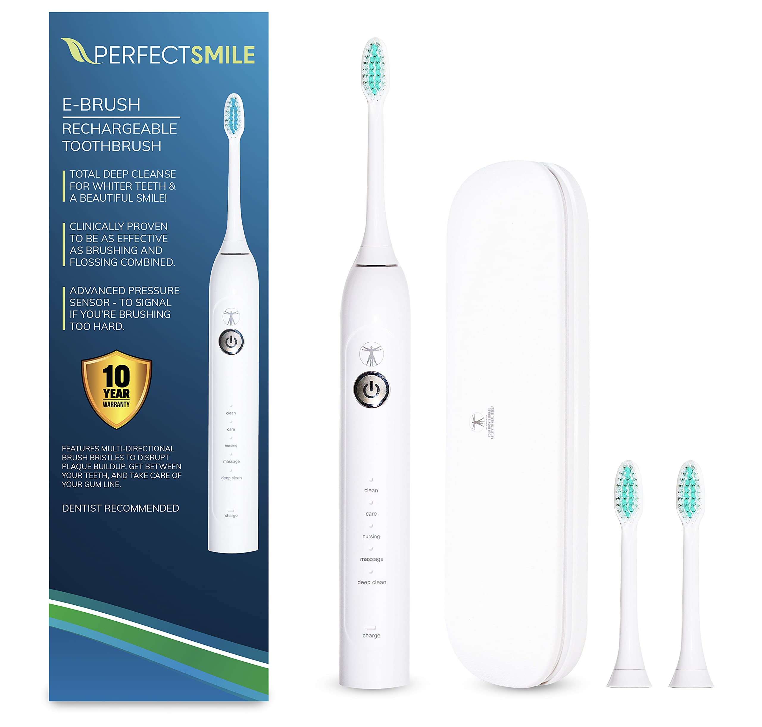 CRI Naturals Perfect Smile E-Brush Rechargable Toothbrush - Deep Cleanse - 31,000 VPM - Travel Case and 2 Brush Heads