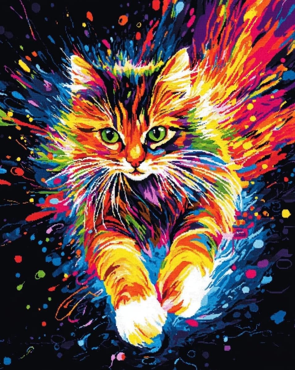 WallustrioaW Stamped Cross Stitch Kits for Adults,A Running cat,11CT Cross-Stitch for Home Wall Decor DIY Embroidery Kit Needlework Crafts,40x50cm
