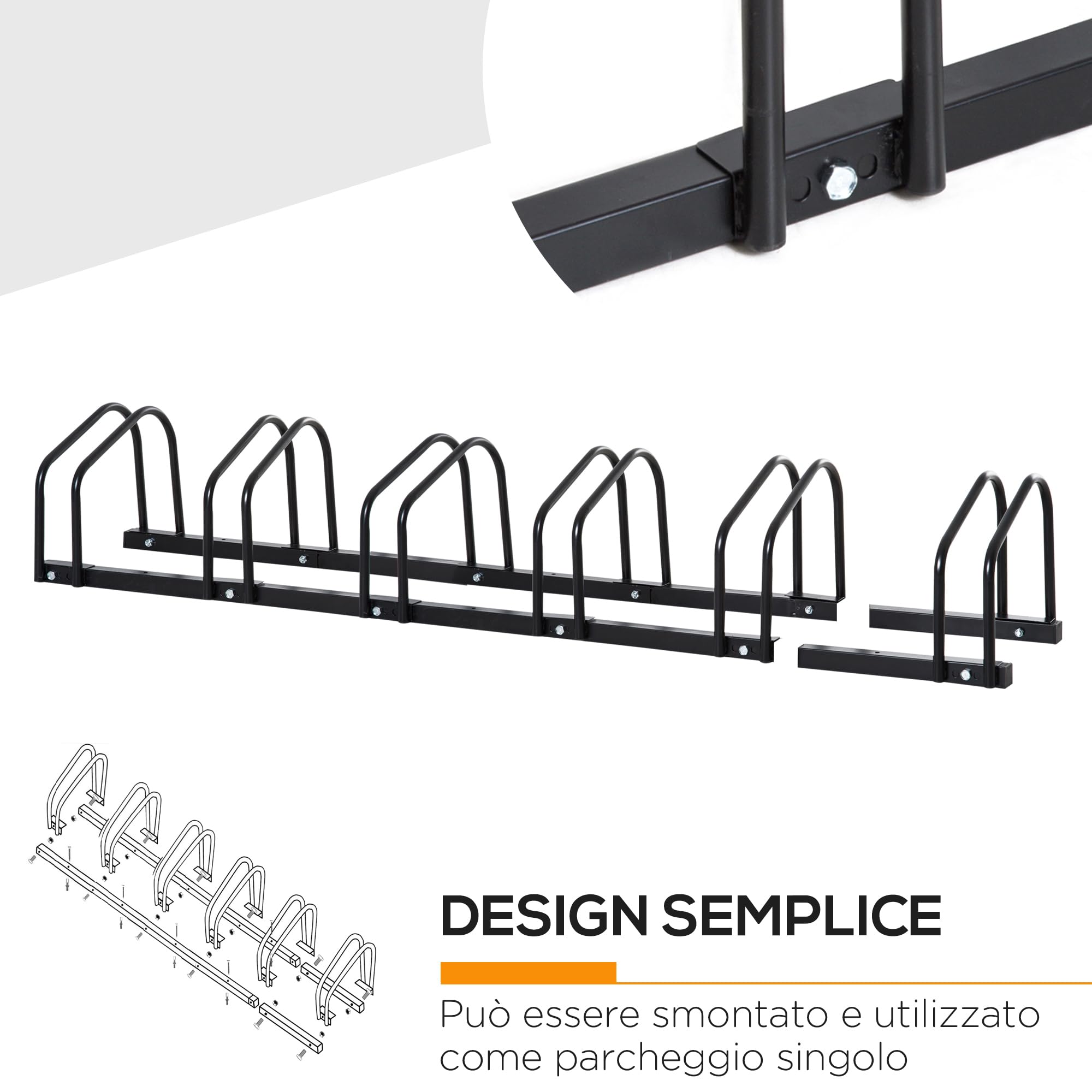 HOMCOM Rastrelliera Biciclette da Pavimento o Parete, Portabici da Terra per 6 Biciclette in Acciaio, Ruote Fino 65 mm, 179x33x27 cm, Nero