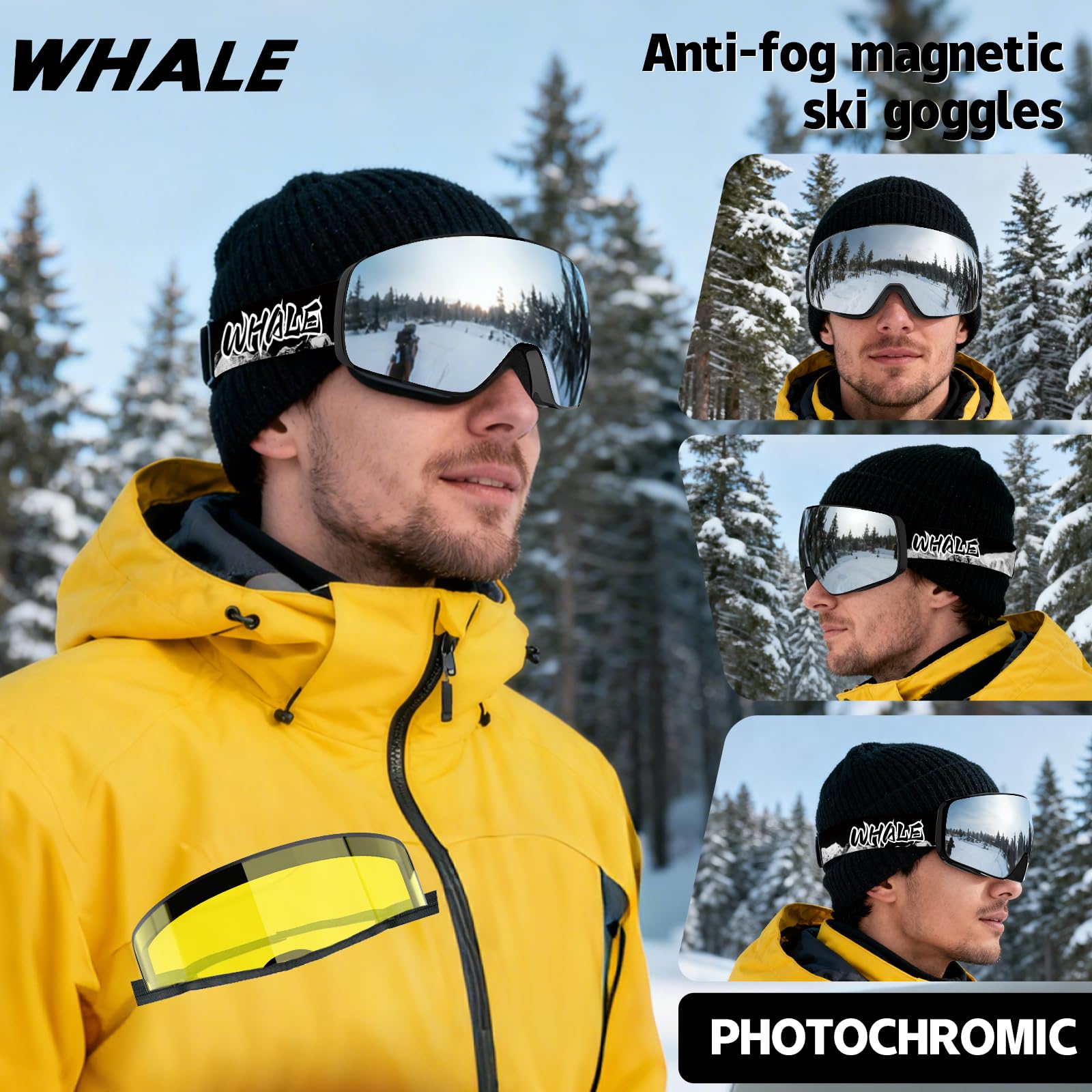 Skibrille OTG für Damen Herren Erwachsene Magnetisch Abnehmbare Wechselgläser Anti-Beschlag 100% UV400 Skibrille