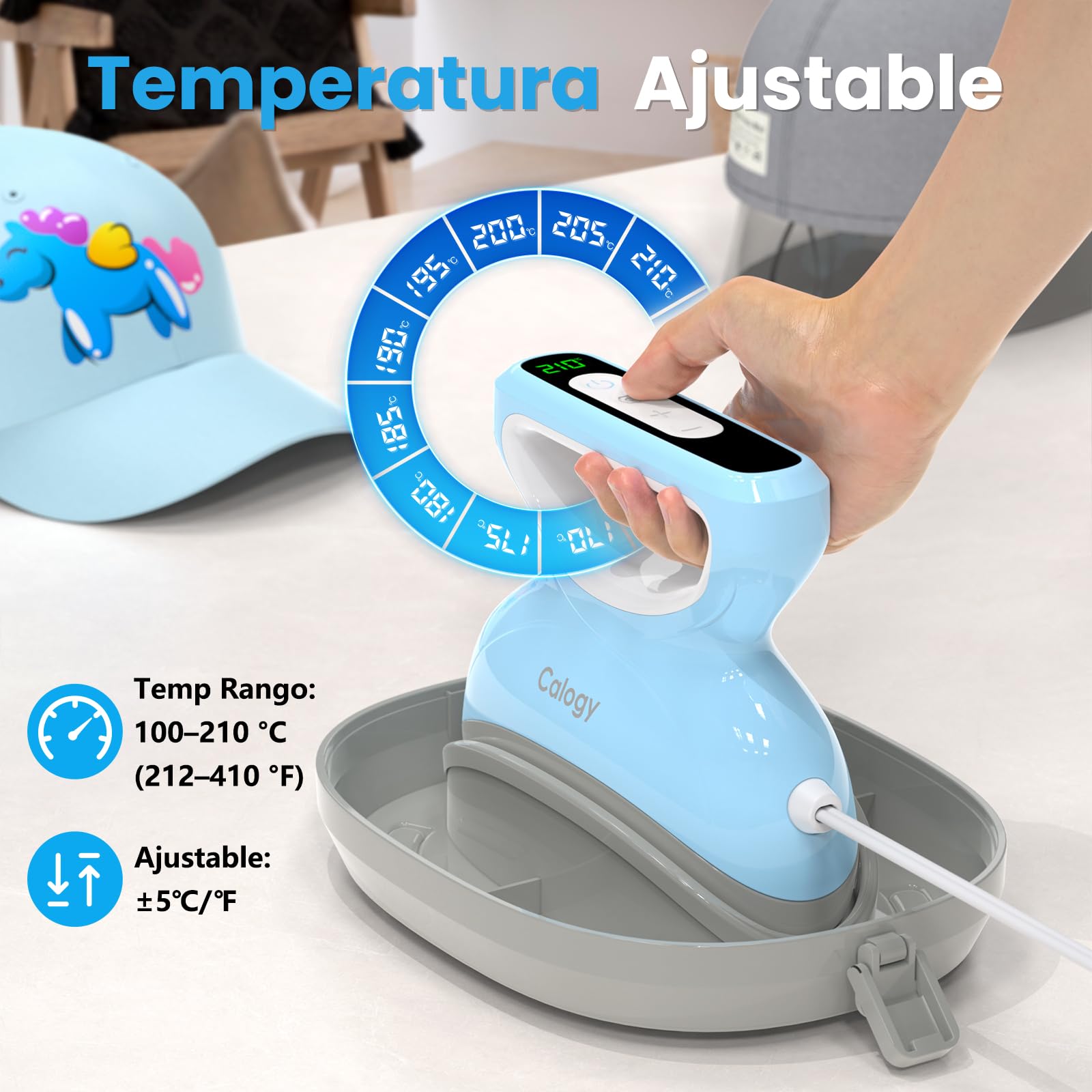 Calogy Máquina de prensa de calor de tapas, transferencia de sombreros de temperatura máxima de 210 ℃ con temporizador de cuenta regresiva, apagado automático