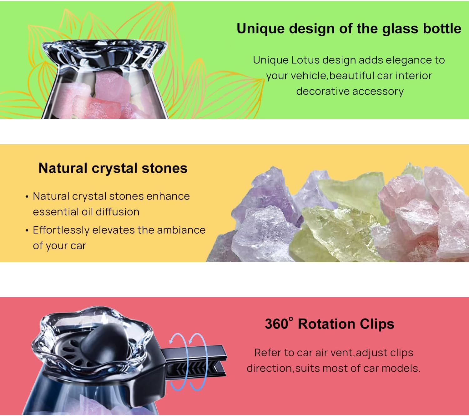 Car Diffuser Glass Bottles with Crystals Natural Stone for Spreading Essential Oils,Blue Lotus Design Glass jar as air freshener Vent Clip,car Vent Decor Accessories (Purple Stone)