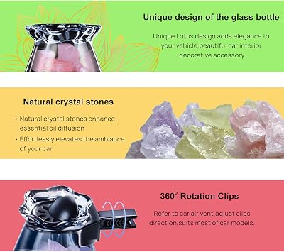Car Diffuser Glass Bottles with Crystals Natural Stone for Spreading Essential Oils,Blue Lotus Design Glass jar as air freshener Vent Clip,car Vent Decor Accessories Pack of 2 (Pink + Pink)