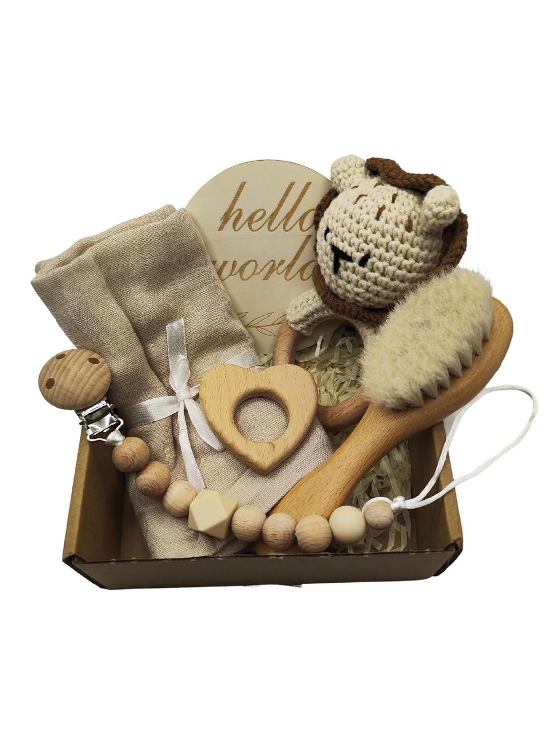 baby first equipment gift set - baby shower - 6-piece set with handmade rattle real goat hair brush cloth wooden heart dummy chain hello world - unisex