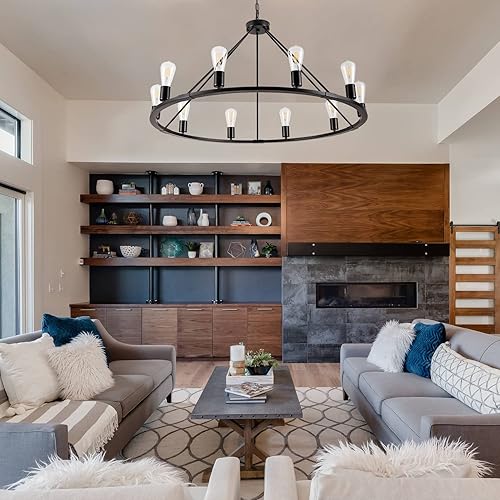 Miniatura 8 de Lámpara de techo grande para comedor, color negro, con 10 luces, para casa de campo, de 39.4 pulgadas, con rueda de carro, rústica, redonda, para