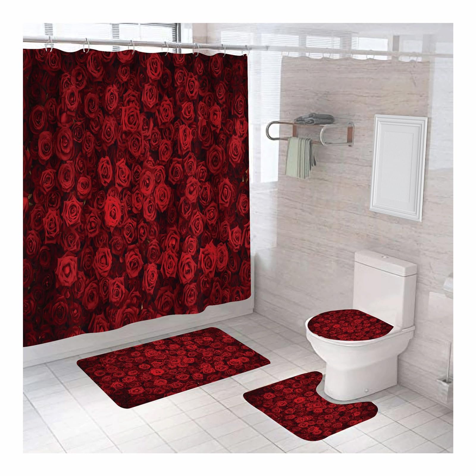 Set da bagno con rosa rossa con tenda da doccia e tappeti e