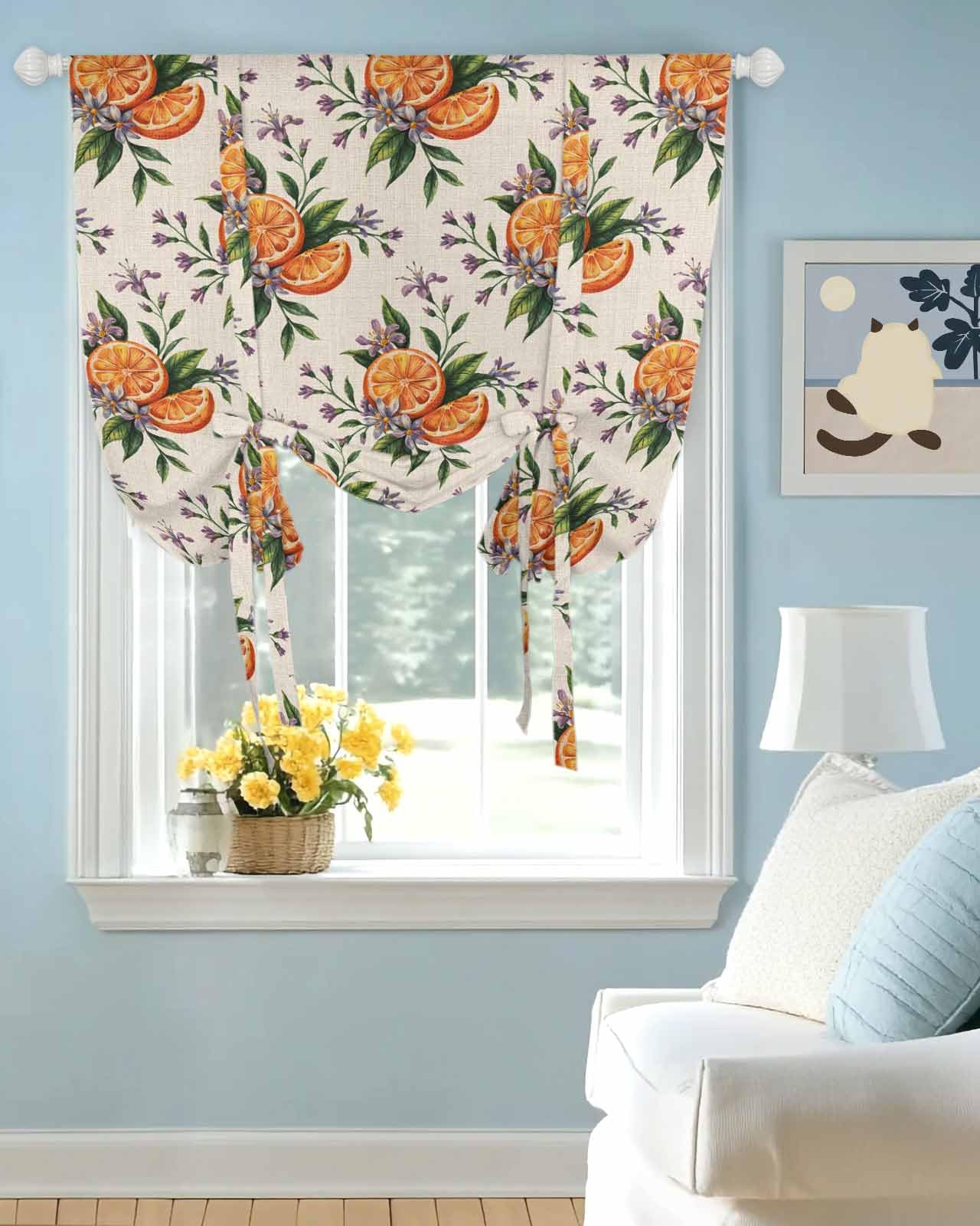 Tie Up Curtains for Windows Country Lemon Flower Rod Pocket Tie-Up Window Shade Adjustable Balloon Curtain Valance Retro Floral on Linen for Bedroom Kitchen Bathroom Blinds,34x45in