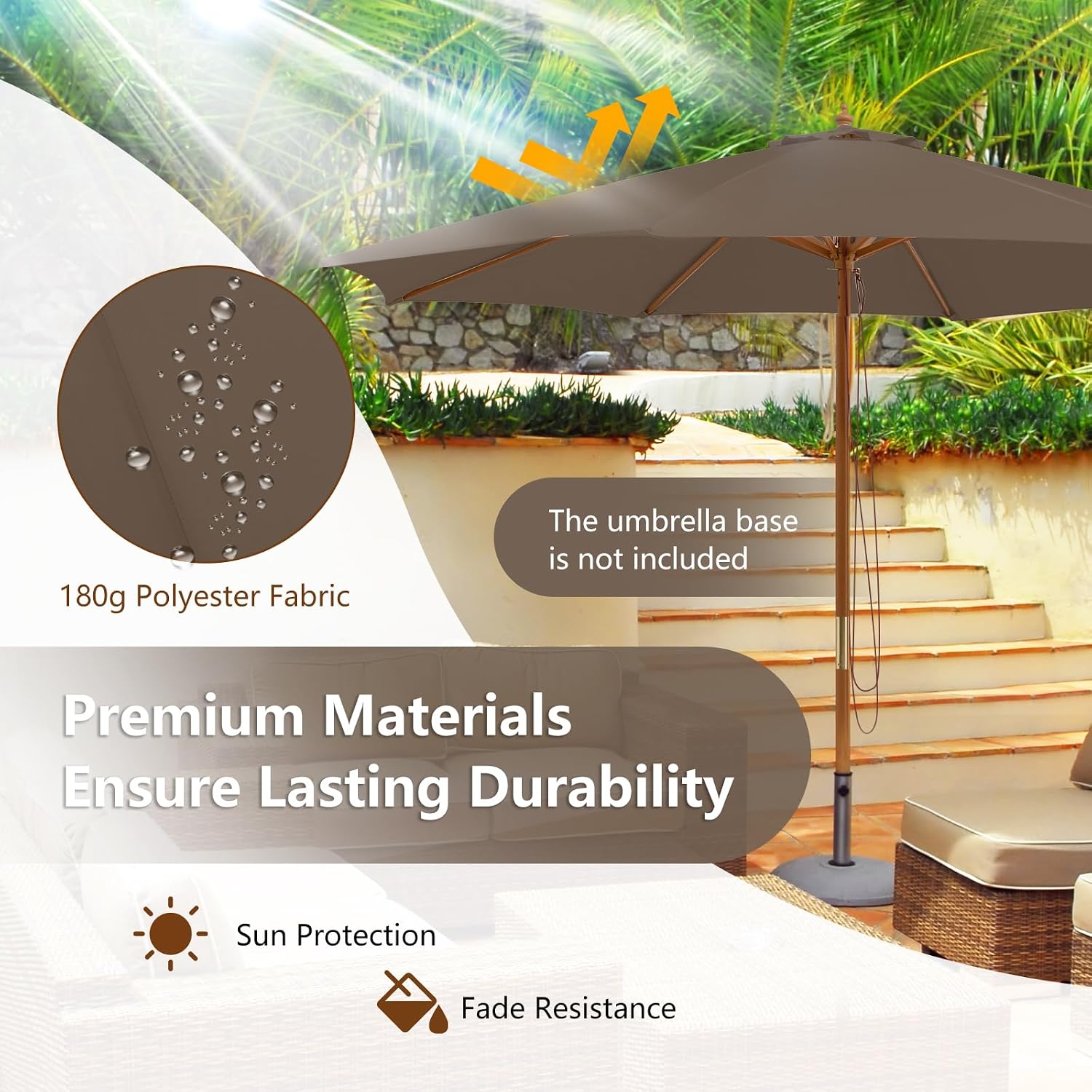 HAPPYGRILL 10 FT Wooden Patio Umbrella with Rope Pulley Lift, 8 Bamboo Ribs, 3 Adjustable Heights, Vented Roof, Outdoor Table Umbrella for Garden Poolside Backyard (Tan)