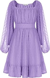 GRACE KARIN Girls Ruffle Tiered Dress Long Sleeve Swiss Dot Flowy A-Line Dress 6-14Y