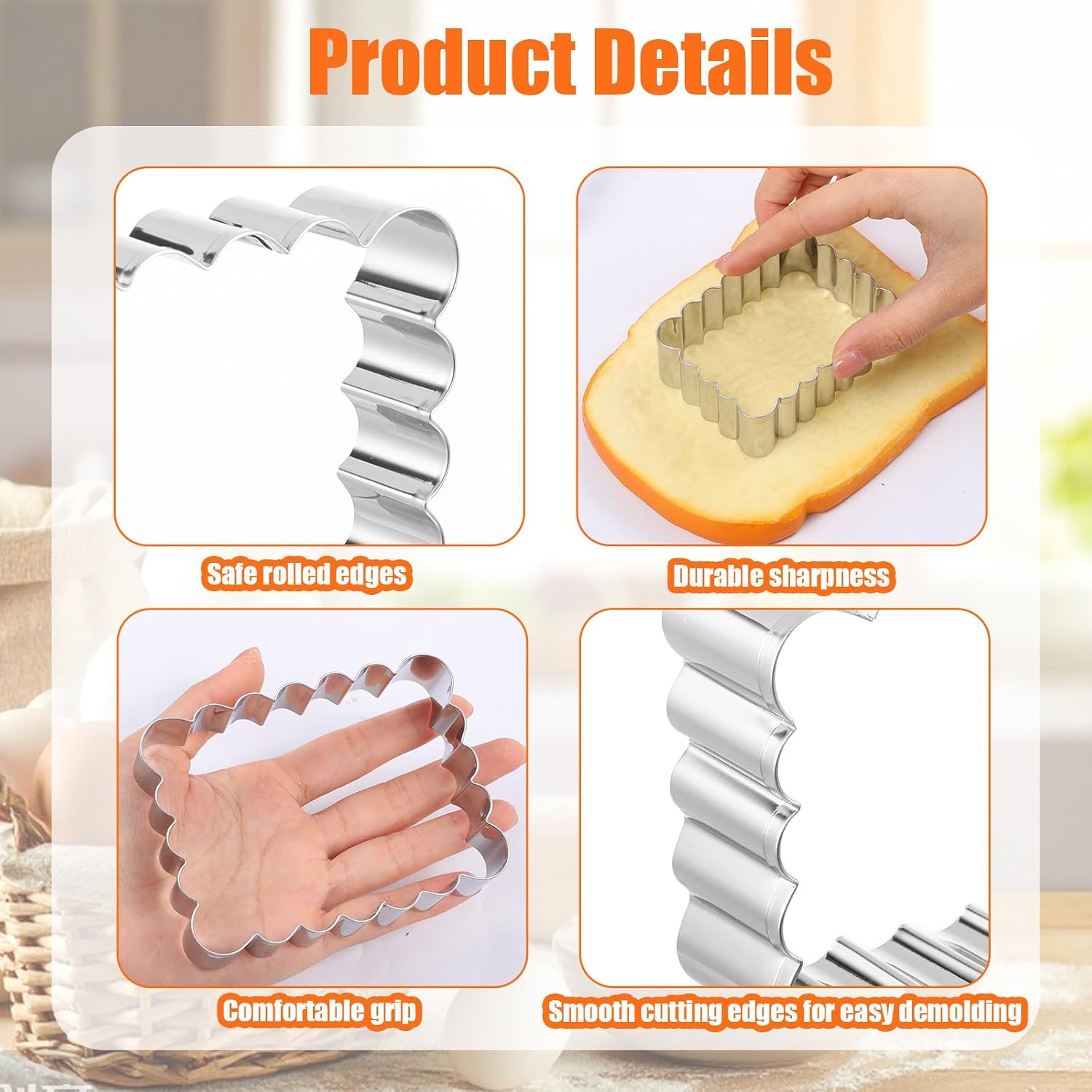 Scalloped Cookie Cutter Set, Assorted Sizes - 5 Inch, 4 Inch, 3 Inch, 2 Inch Fondant Molds, Rectangle Cookie Cutter Set with Scalloped Edge for Kitchen Baking, Stainless Steel