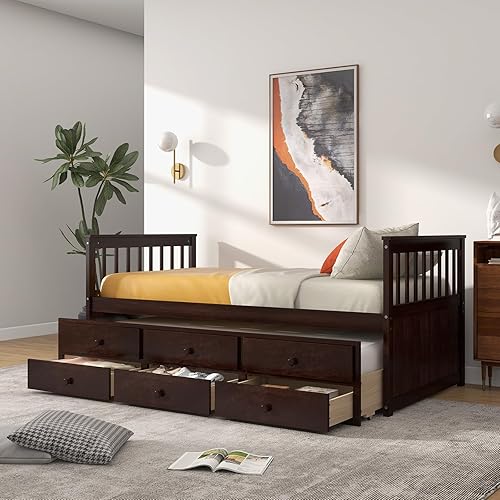 Giantex Twin Captain's Bed with Trundle Bed, Wood Daybed with
