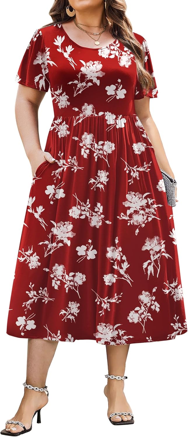 IN'VOLAND Women Plus Size Short Sleeve Dress Loose Summer Casual A-Line Flowy Midi Dresses with Pockets