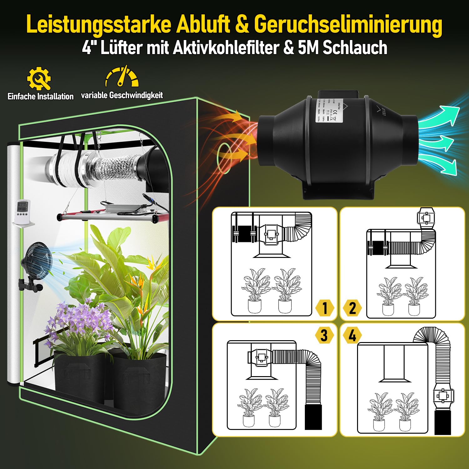 Growzelt Komplettset 120x60x180cm 240W LED Grow Lampe Belüftungssystem Aktivkohlefilter