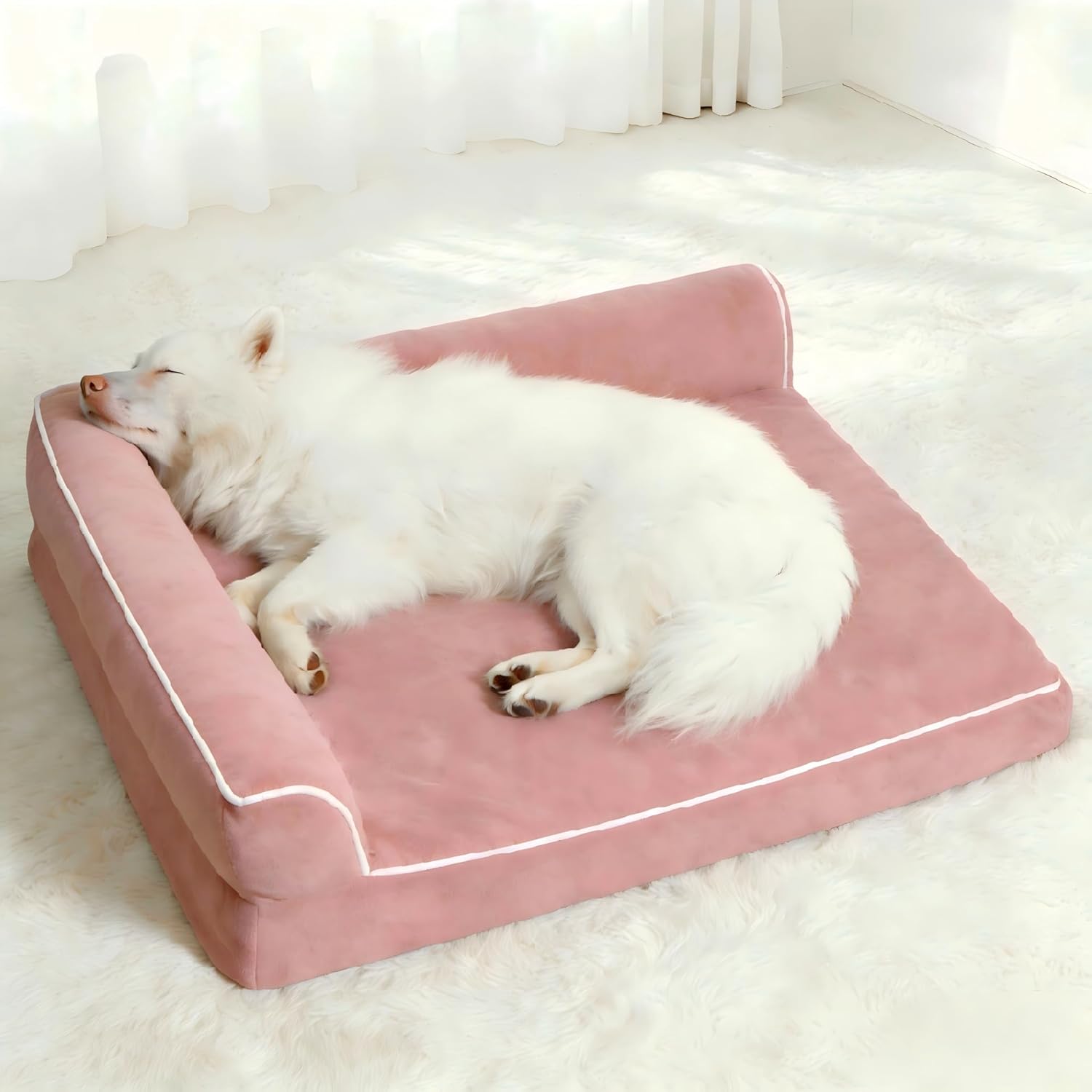 Orthopedic Dog Bed with Pillow L-Shape Dog Sofa for Large Medium Dogs, Dogs Couch with Removable Washable Cover, Pet Bed with Nonskid Bottom(Pink, Medium(30x20in))