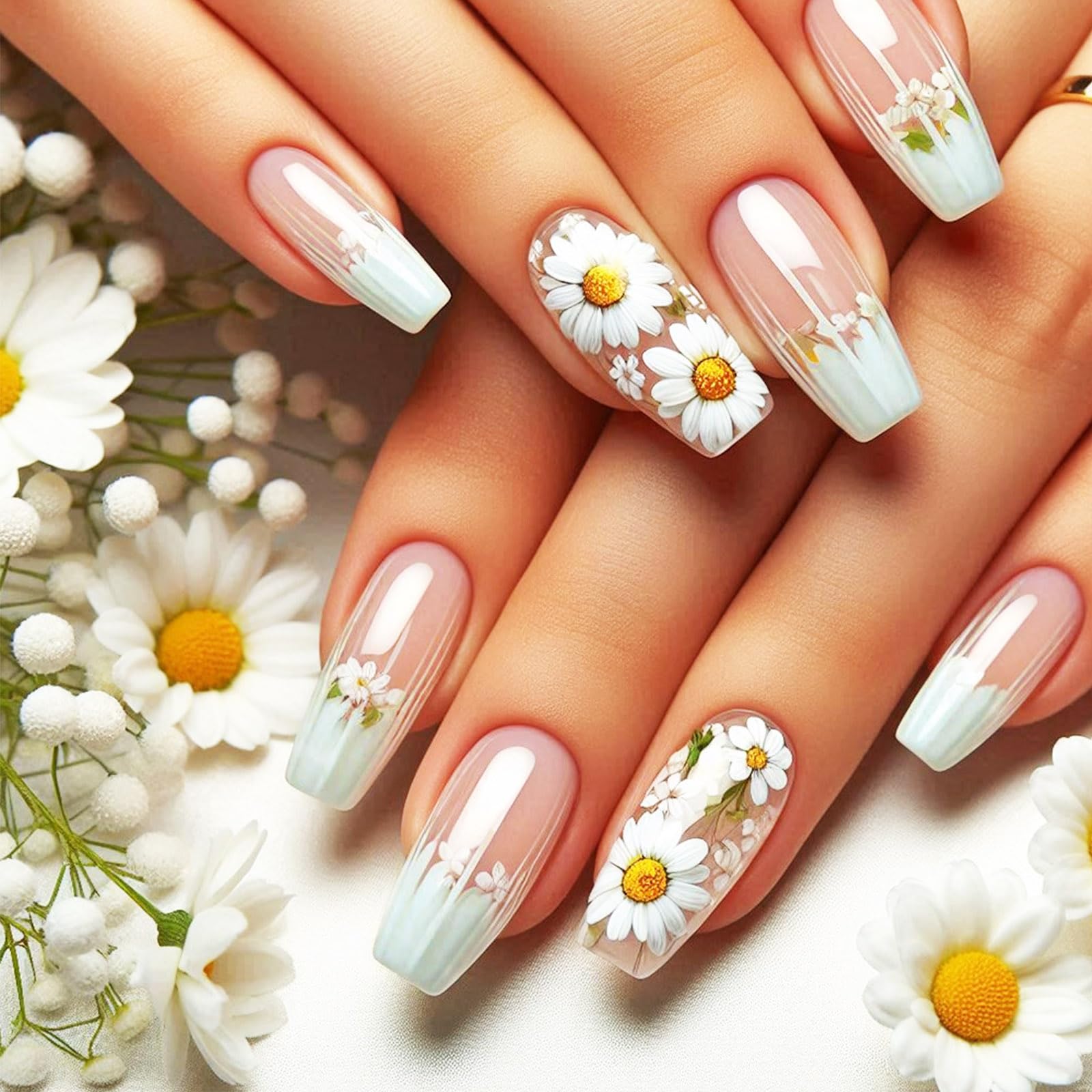 24Pcs Spring Flower Press on Nails Medium Coffin Acrylic False Nails Glossy Green French Tips Fake Nails Daisy Stick on Nails Chrysanthemum Gel Glue