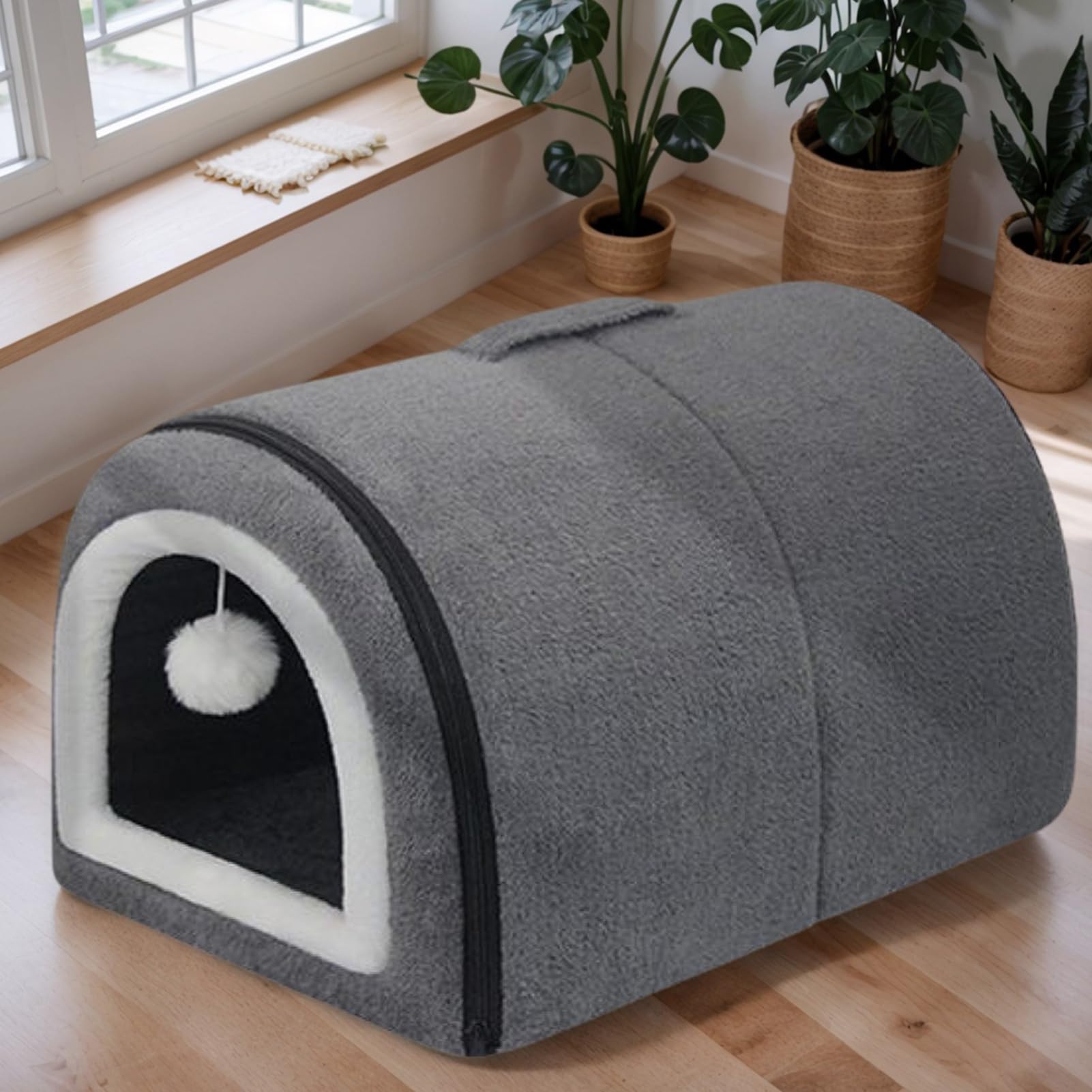 Panier Chauffant pour Chat, Niche pour Chat avec Toit Arqué, Nid Douillet Semi-Fermé à Toit Arqué avec Thermostat Amovible et Réglable pour Toutes Saisons Salon Extérieur