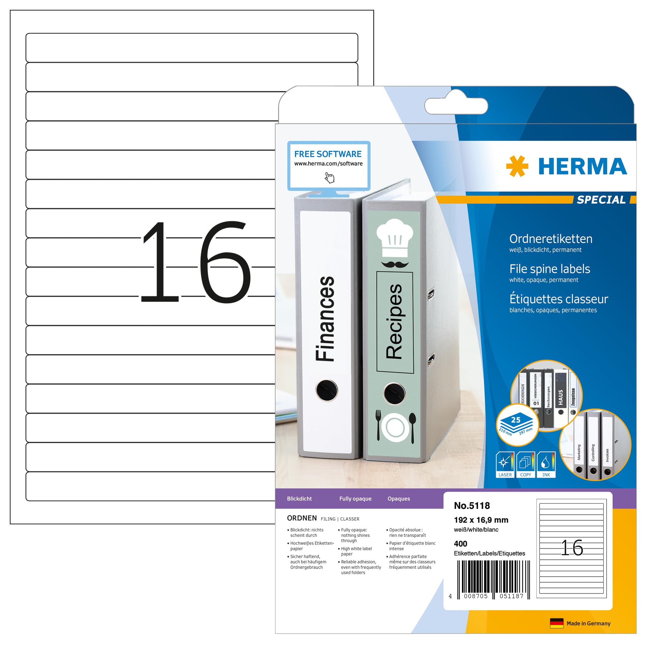HERMA Self Adhesive Spine Labels, 16 Labels per A4 Sheet, 25 Sheets, 192 x 16.9 mm, 400 Labels, Blank Lever Arch File Folder Labels Stickers, Sticky Labels for Laser & Inkjet Printer, White