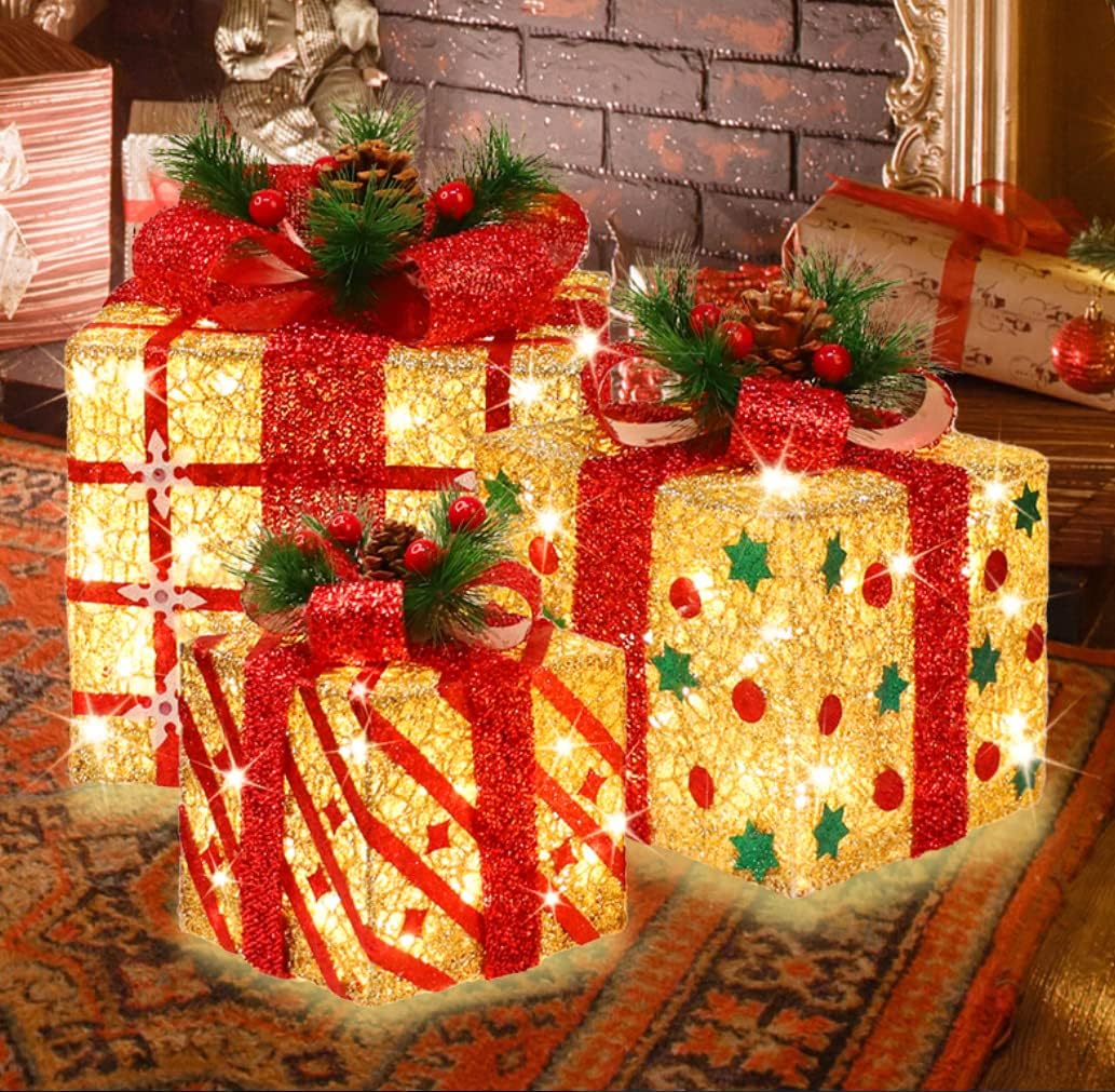 [Large 9.5"-8"-6.5" 3 Pack 70 LED Christmas Lighted Gift Boxes Christmas Decorations for Indoor Outdoor Christmas Tree Skirt Ornament Garden Pathway Holiday Party-Warm White with Flashers