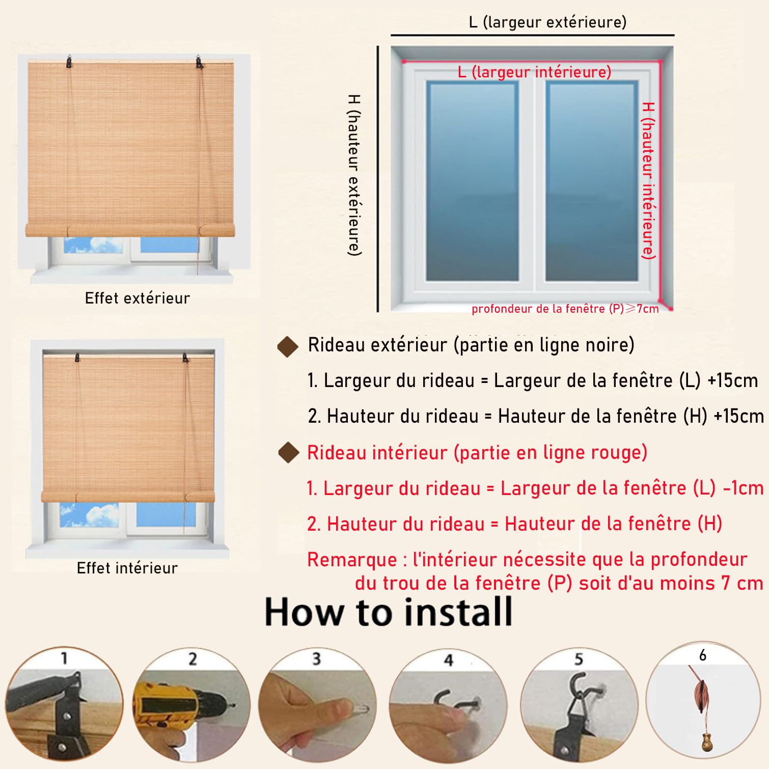 NIANXINN Store Enrouleur Occultant en Bambou,Rideau en Bambou Naturel,Store de Fenêtre Suspendu Filtrant la Lumière,Rouleau en Bois pour Intérieur/Extérieur,Largeur x Hauteur (60cm x 240cm)