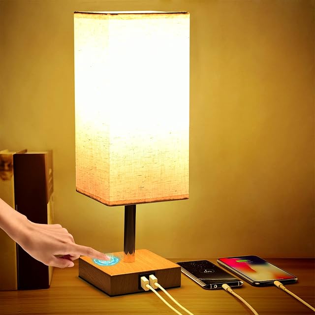 Bedside Lamp for Bedroom Living Room, Touch Table Lamps with USB A+C Charging Ports, Touch Lamps with USB Port, Bedroom Lamp with Lamps Wood Bases & Fabric Shades