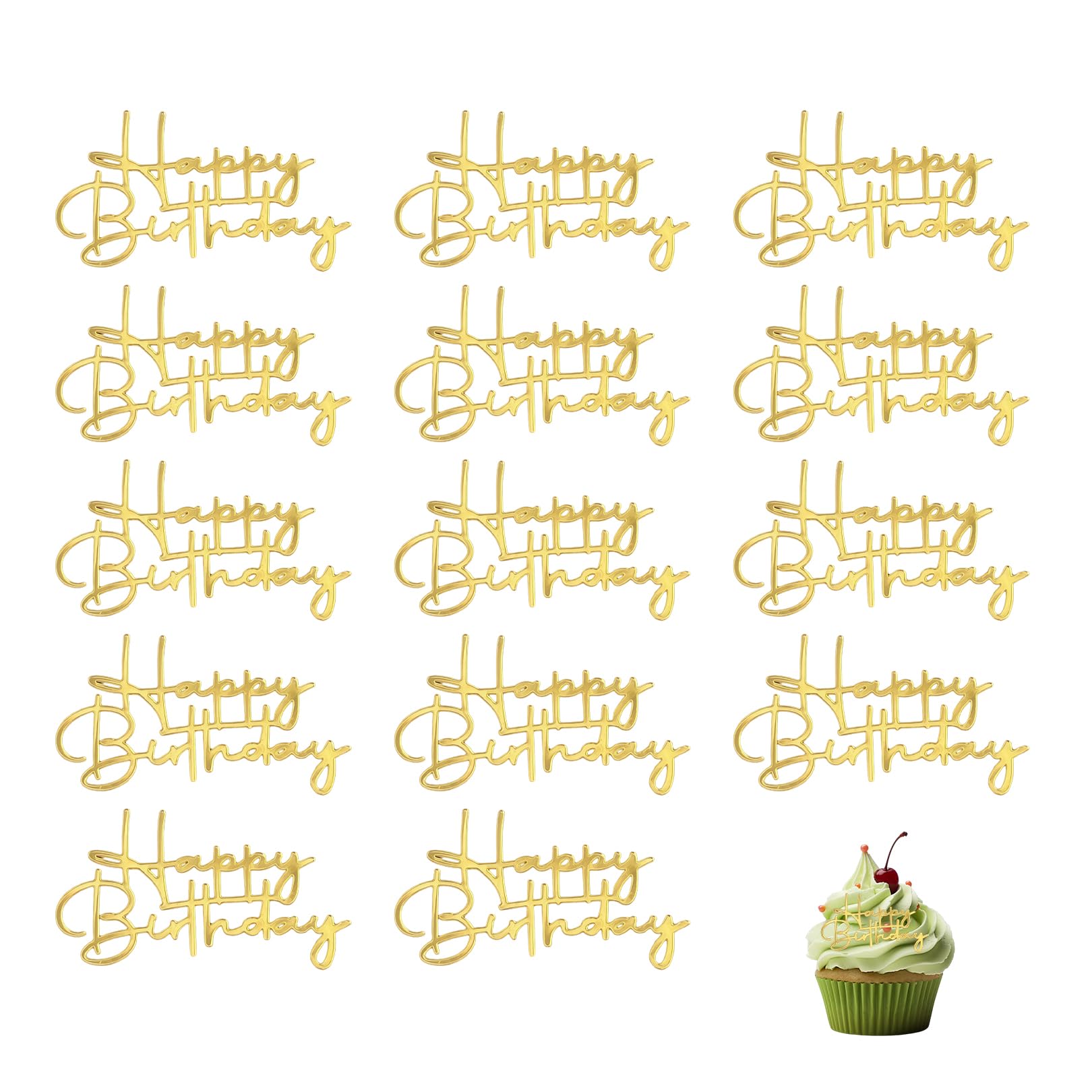 15 Pcs Happy Birthday Cupcake Toppers,Gold Cupcake Topper,Happy Birthday Cupcakes Decorations,Acrylic Cake Topper,Party Cake Decoration for Kids Partys Celebration,Dessert Decor,DIY Baking Supplies
