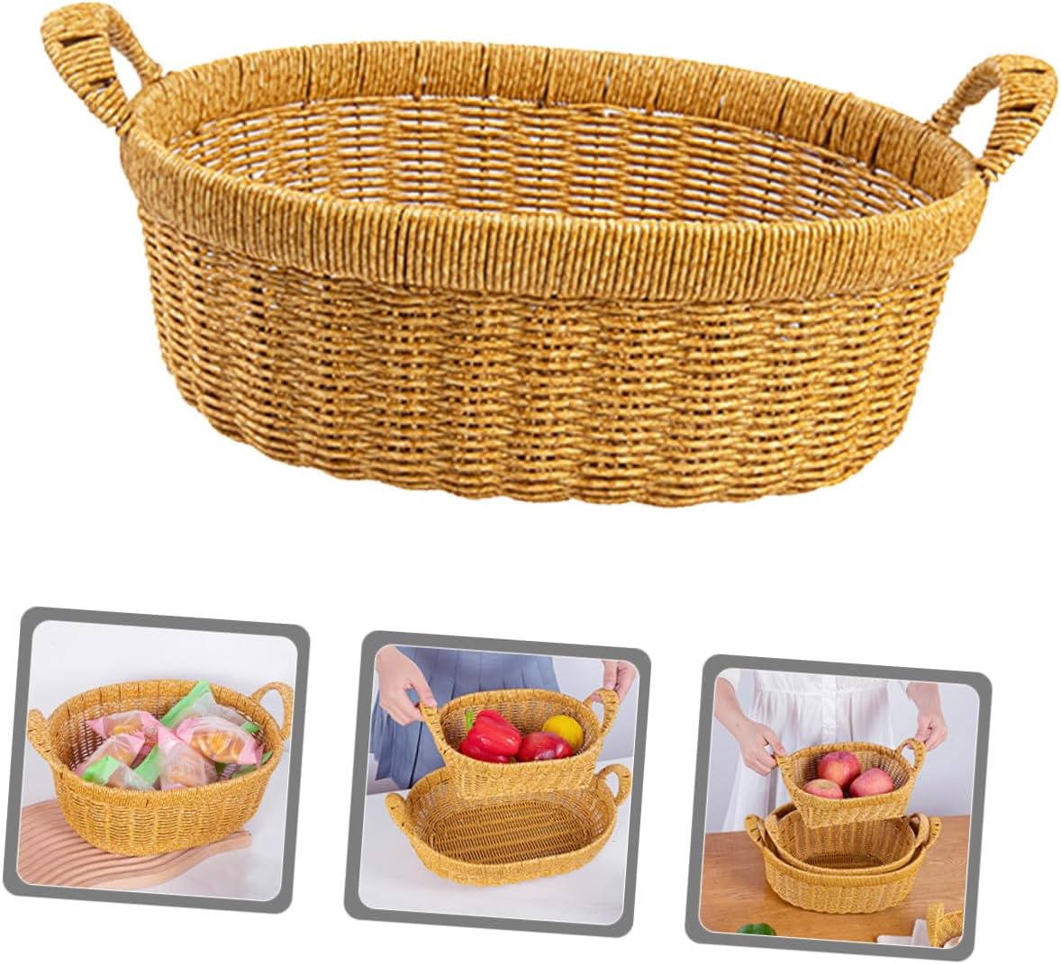 Simulated Rattan Oval Deep Fruit and Bread Basket with Double Handles, Large Plastic Wicker Tray for Kitchen Storage and Outdoor Picnic Serving