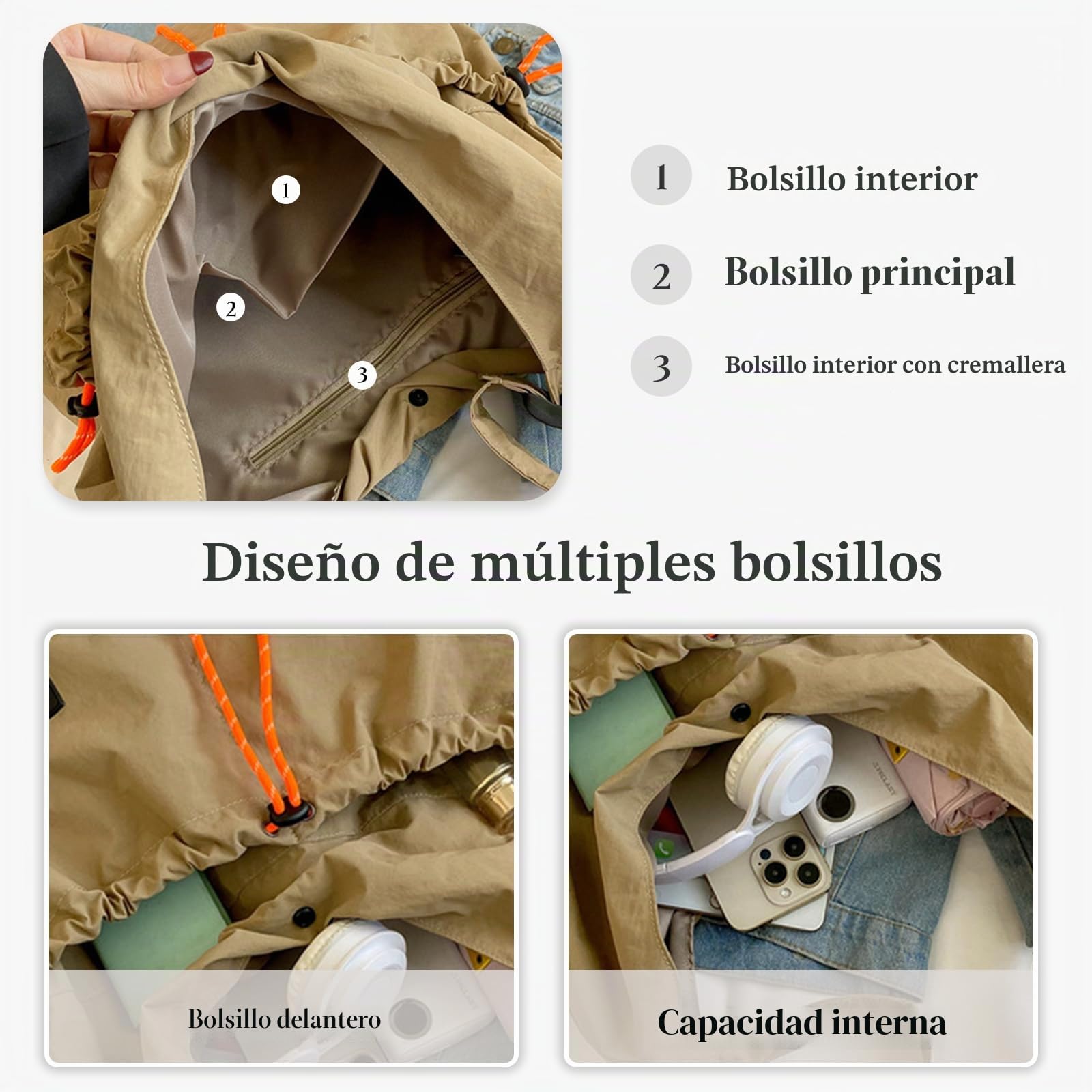 Bolso de Hombro para Mujer Bolsas de Nylon Impermeable Bolso de Mano Bolsa de Ocio Ligero Bolso Bandolera Multifunción Bolsos Cruzados Bolso Tote para Compras Viajes Trabajo Citas Caqui
