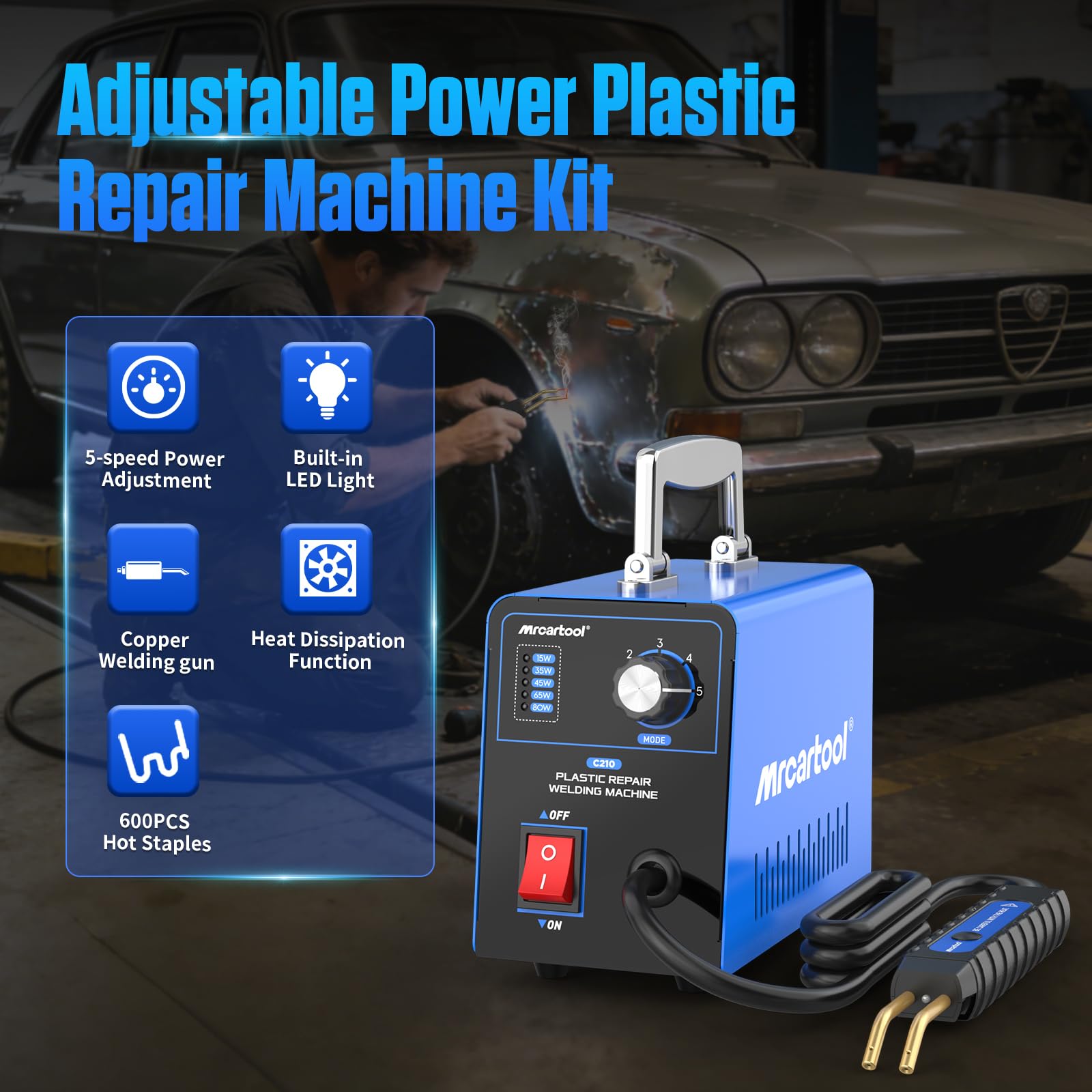 PLAYOCCAR Kit de soudage plastique 80W avec 600 agrafes thermiques, Machine de soudage plastique à agrafes 220V, Régulation de puissance en 5 vitesses (15W 35W 45W 65W 80W)