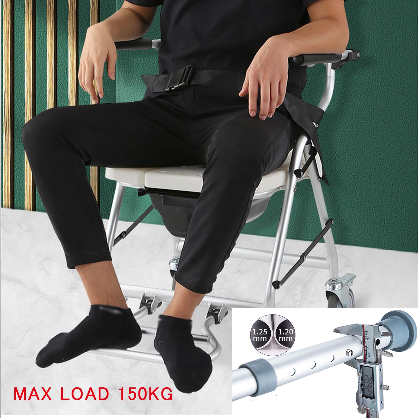 Silla Ducha WC con Ruedas Plegable,Taburete de Ducha Portátil con Inodoro para Personas Mayores y discapacitadas, Carga Máxima 150 kg,64×55×88cm