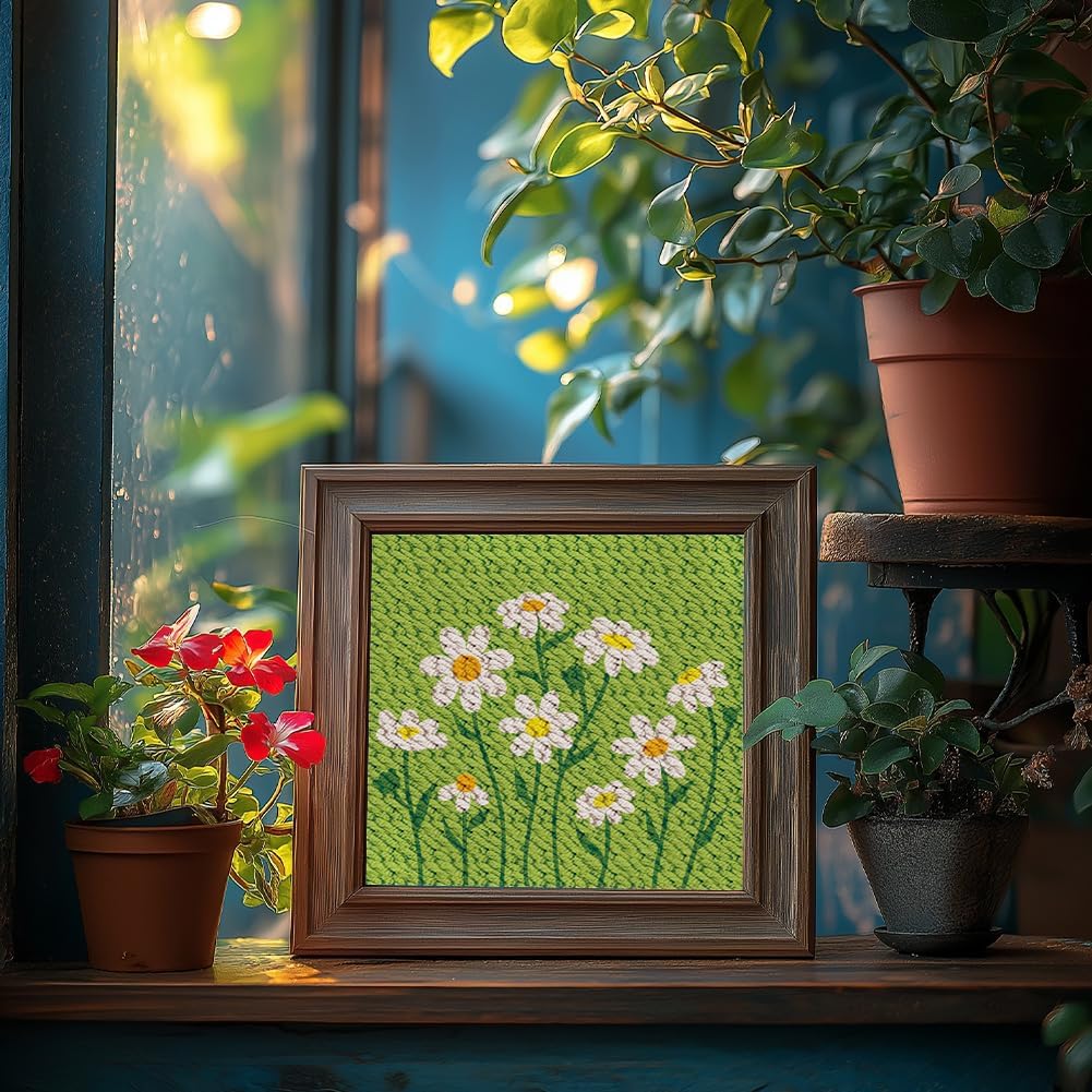 DOODLREAM Daisy Flower DIY Punch Needle Embroidery Kit for Adult Beginner, 9.4" Daisy Punch Stitching Craft Set for Starter with Frame, Fabric Pattern, Threader, Yarn, Pinch Needle