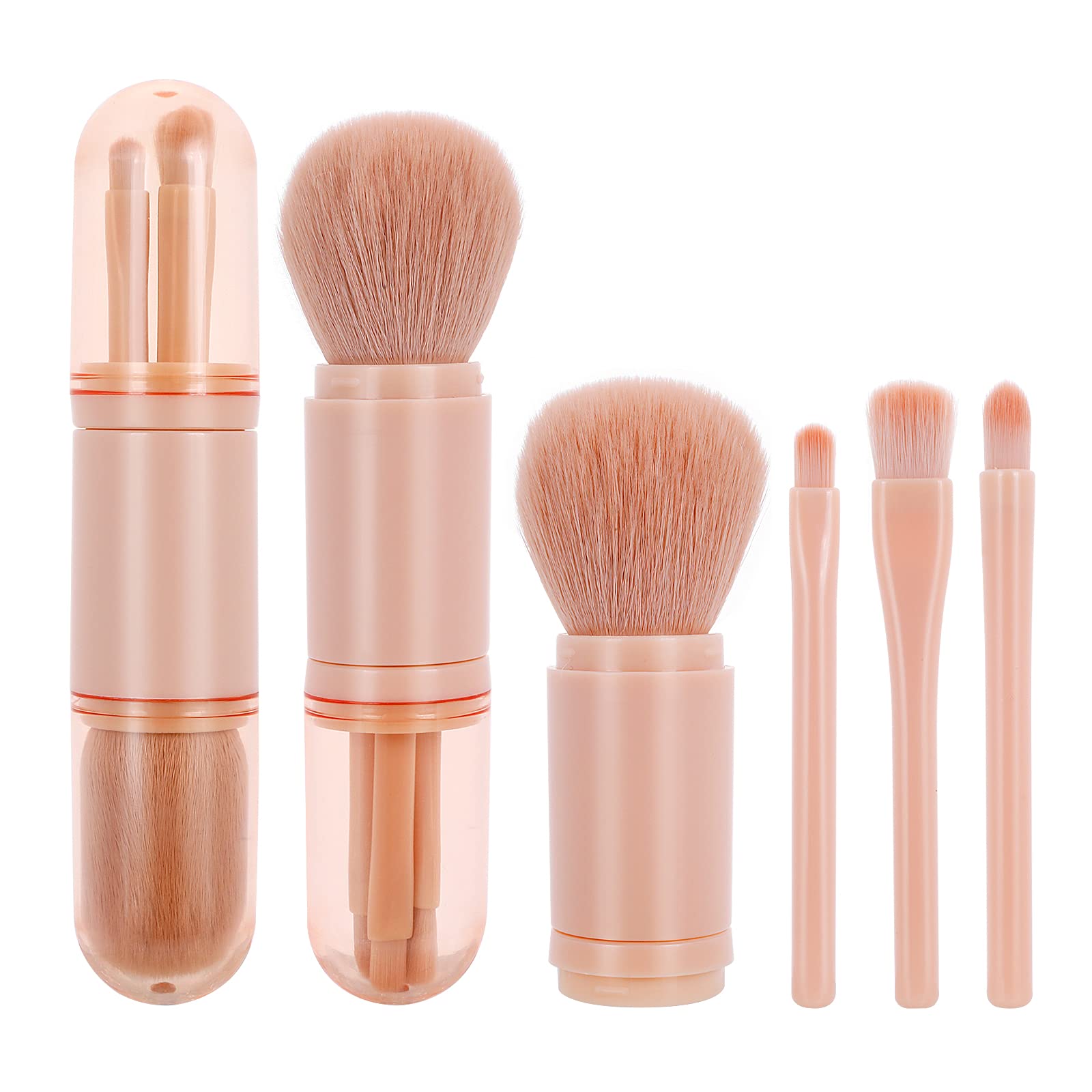 Molain Juego de pinceles de maquillaje pequeño 4 en 1 cepillo portátil para labios de viaje, cepillo de resaltado, cepillo de sombra de ojos, cepillo de polvo de mezcla de base retráctil mini cepillo