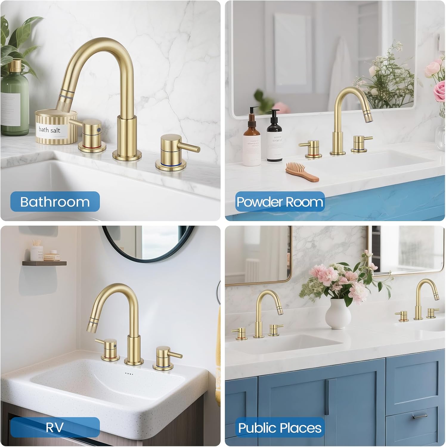 Bathroom Faucet 3 Hole, 8 Inch Widespread 2 Handle Pull Down Bathroom Sink Faucets with Pop Up Drain and 360° Swivel Spout, Brushed Gold