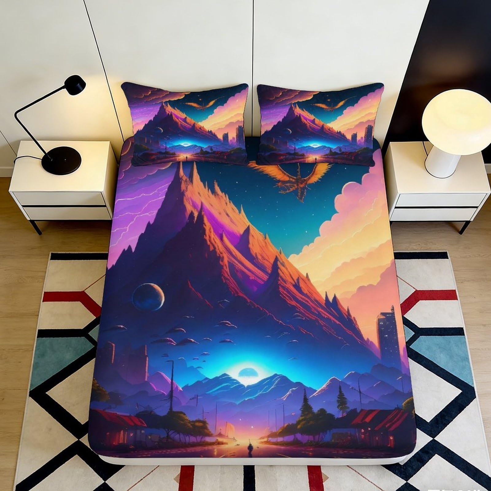 3D Printed Fantasy Mountain Landscape Fitted Sheet Microfiber Art Sunset Sky Mattress Cover for Bedroom Decor 90x200x25cm