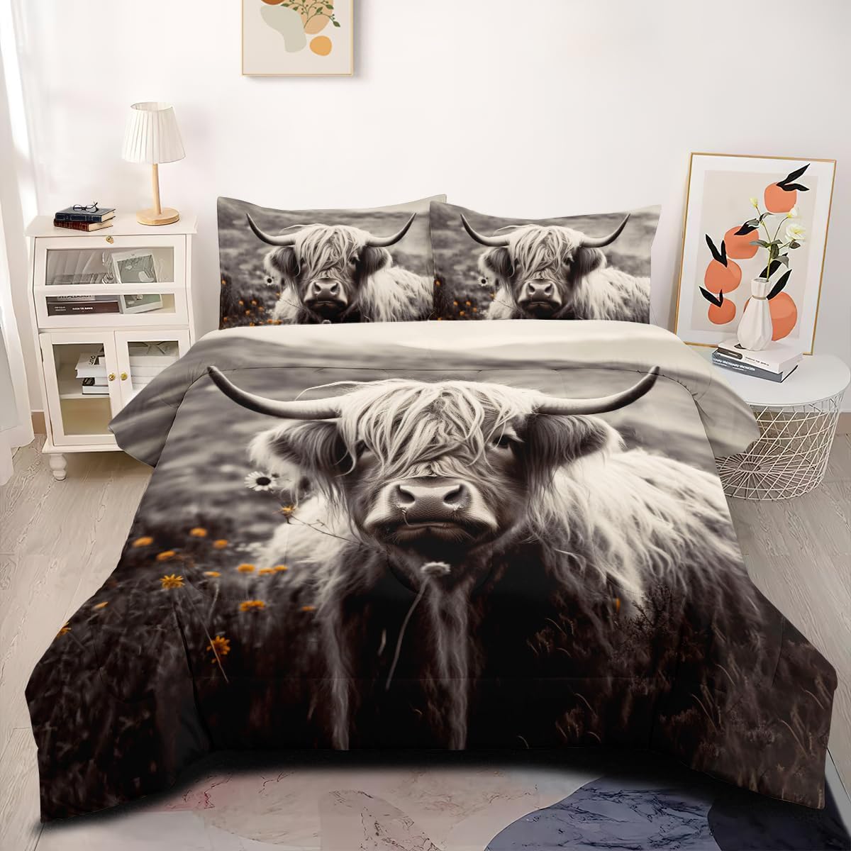 Highland Comforter Set King Size Gray Cow Print Floral Bedding Set 3Piece Farmhouse Country Rural Spring Flower Comforter with 2 Pillowcases for Bedroom Decor