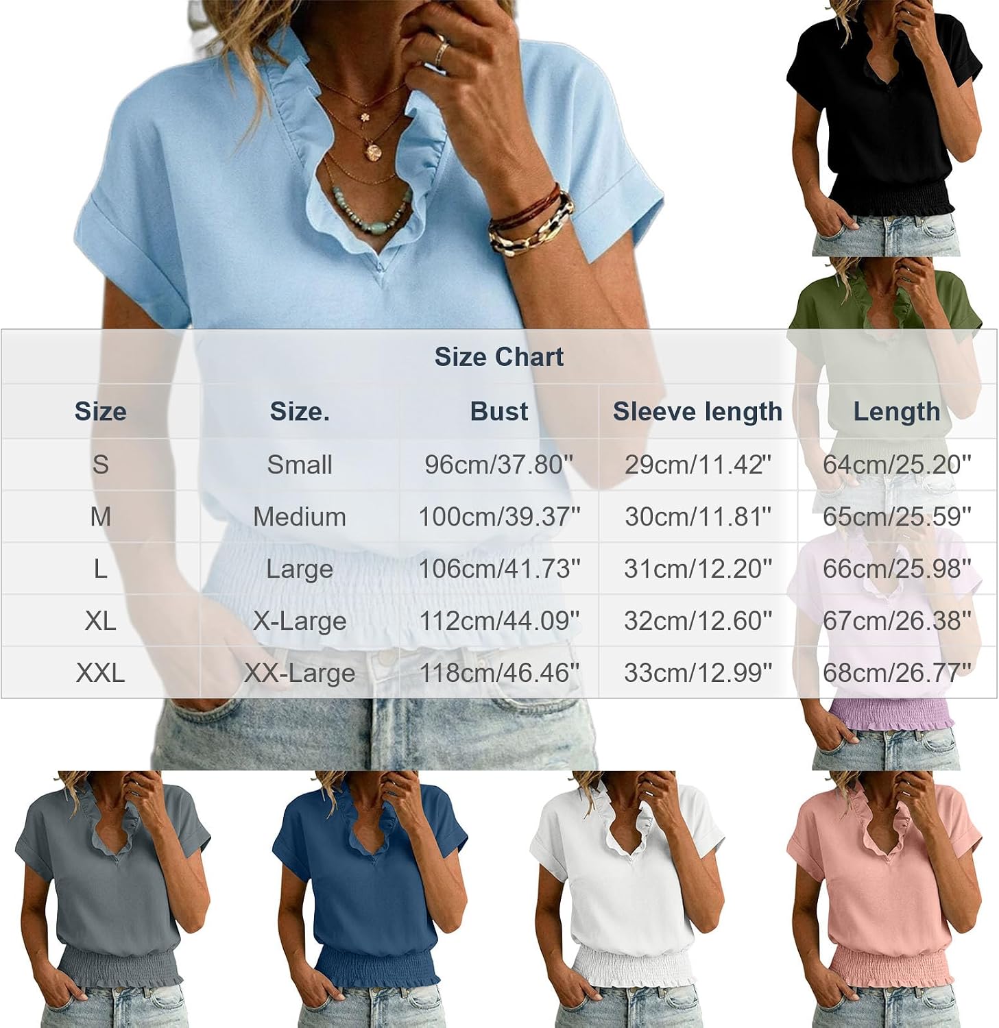 Womens Dressy Casual Tops Short Sleeve Ruffle V Neck Work Blouses Summer Elastic Waist Business Casual Shirts