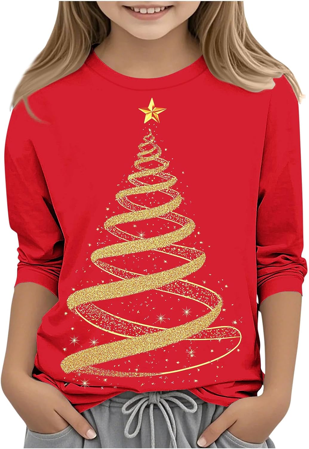 Girls Christmas 3/4 Sleeve T Shirt Glitter Spiral Tree Graphic Tee Soft Lightweight Crewneck Holiday