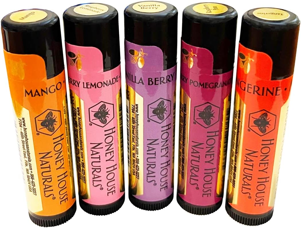 Honey House Naturals Lip Butter Gift Set – Rich & Anti-Aging – All Natural Ultra Moisturizing Lip Butter Infused with Essential Oils - 5 Piece Set - Made in the USA
