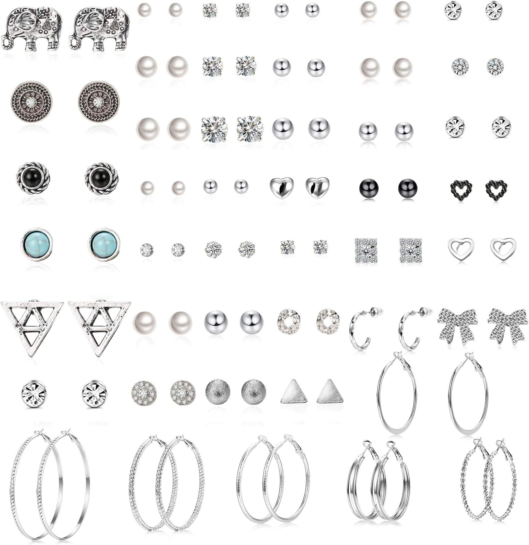 Fiasaso 45 Pairs Assorted Multiple Stud Earrings for Women Girls Big Hoop Earring Set Boho Jewelry