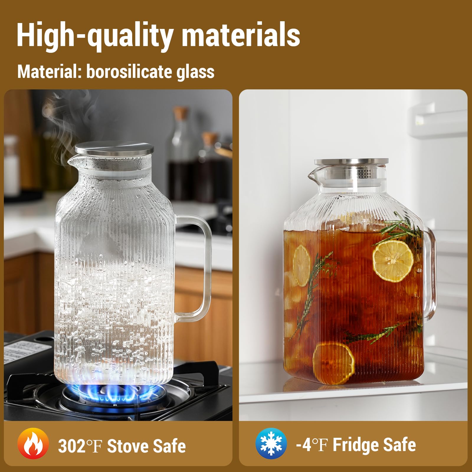 Paquete de 2 jarras cuadradas de vidrio grueso de 1 galón con tapa, jarras de agua de rayas clásicas para refrigerador, jarra de vidrio de borosilicato para bebidas calientes y frías, jarra