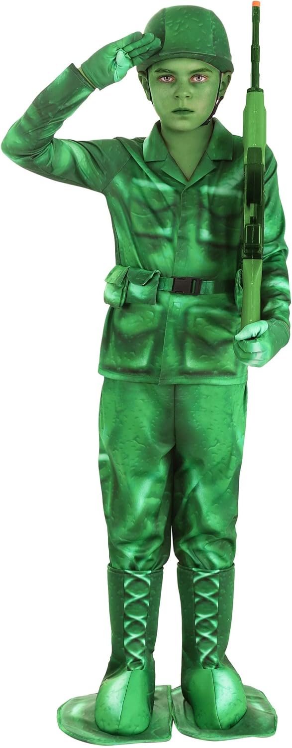 Plastic Green Army Man Costume for Kid's - Shirt, Pants, Belt, Hat, Gloves, Boot Covers - Image 2