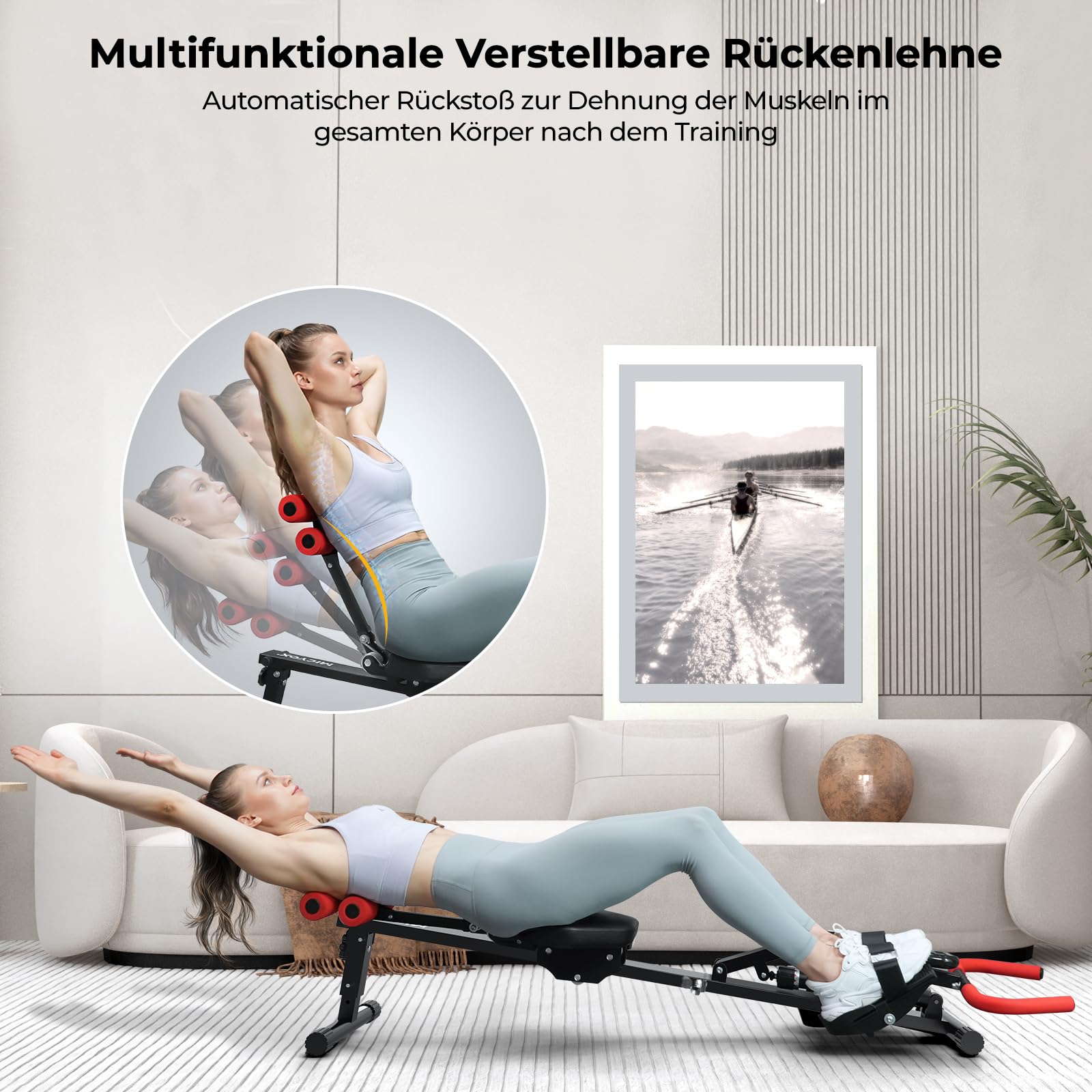 Rudergerät für Zuhause, Micyox Hydraulisches Fitness-Rudergerät mit 12 Widerstandsstufen, Multifunktionaler Rückenlehne, Micyox Heimtrainer Fahrrad Klappbar mit LCD-Display