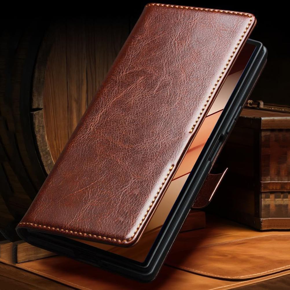 Wallet Case for Samsung Galaxy Z Fold 7, Classic Luxury Genuine Cowhide Leather Phone Cover Card Slots Flip Full Protection Internal Shell Brown