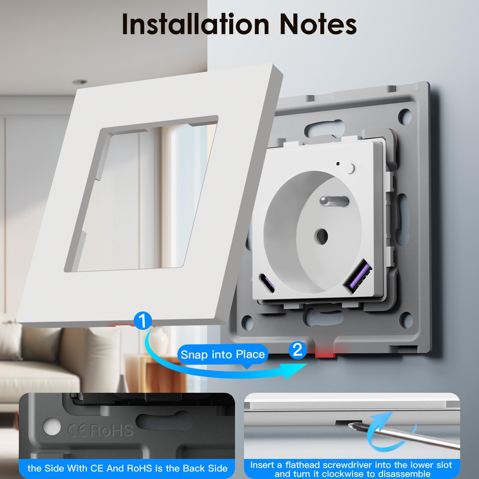 BSEED WIFI Prise Connectée Murale,3 Gang 228 * 86mm Blanc,Prise Encastrable avec USB C Panneau en Plastique,Fonction de Comptage D'électricité,Compatible avec Smartlife/Google Home/Alexa