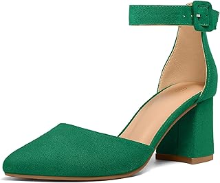 Women's Pointed Toe Low Chunky Heels Closed Toe Ankle Strap Dress Pump Shoes - Available in Wide Sizes