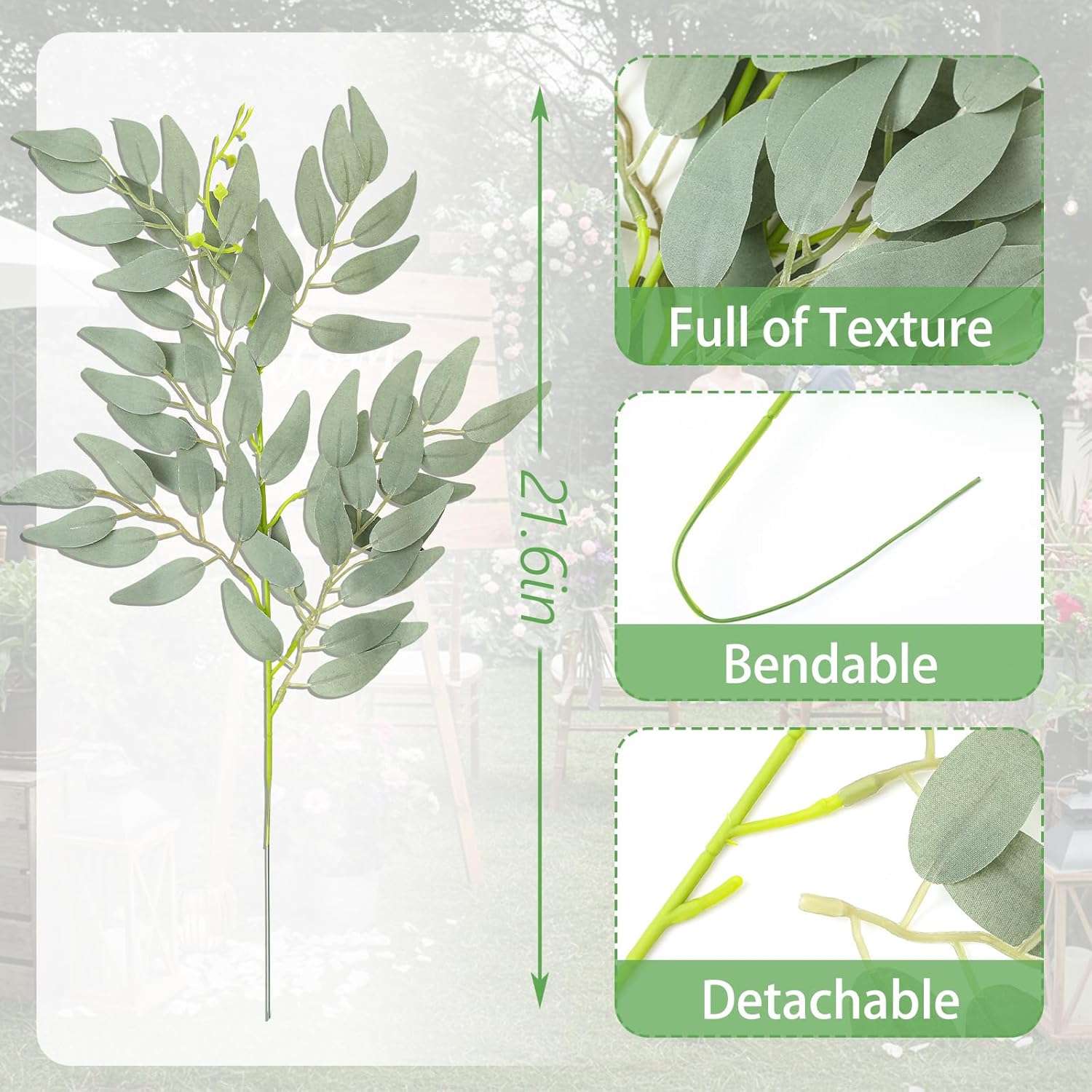 Suncalla 8 Pcs Italian Ruscus Greenery Stems Bulk 21.6'' Artificial Faux Silk Greenery Leaves Garland Branches for DIY Wedding Arch Bouquet Vase Filler Table Centerpieces Home Decor (Gray-Green)
