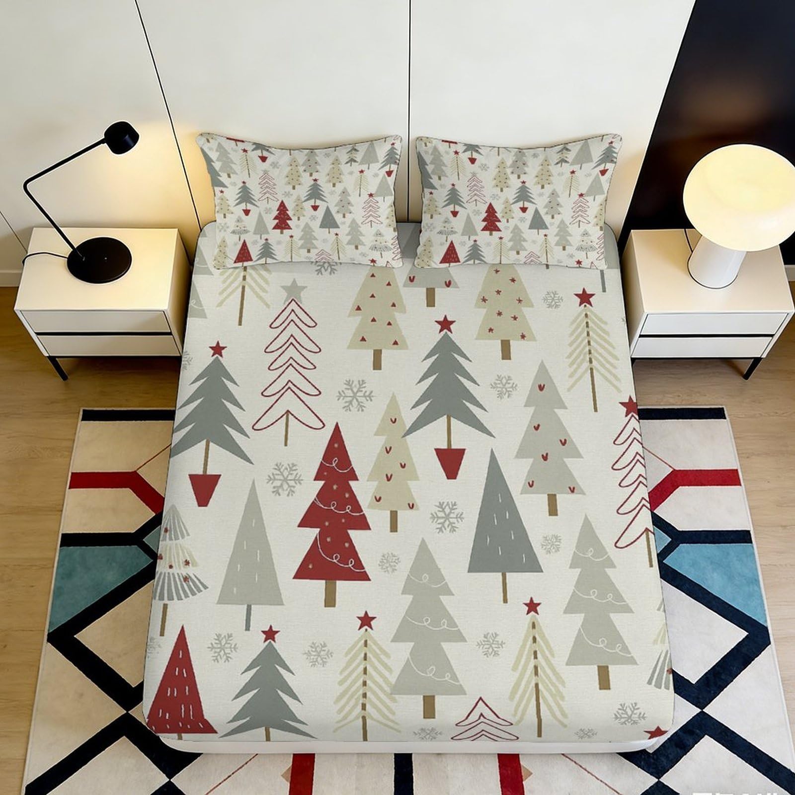 3D Printed Christmas Tree Fitted Sheet Microfiber Soft Breathable Snowflake Bed Cover for Bedroom Dorm Decor 90x200x25cm