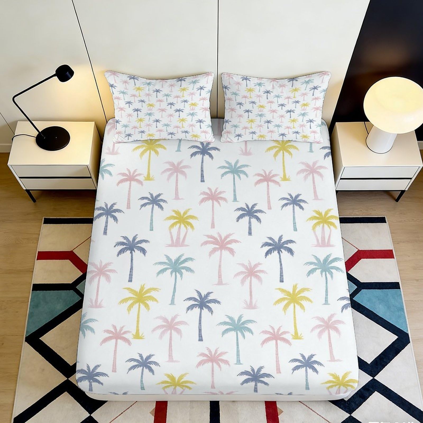 3D Printed Tropical Palm Fitted Sheet Microfiber Soft Breathable Pastel Sunset Bed Cover for Bedroom Dorm Decor 90x200x25cm